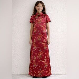 Girls Red Satin Cheongsam Dragon Phoenix Dress New Without Tags